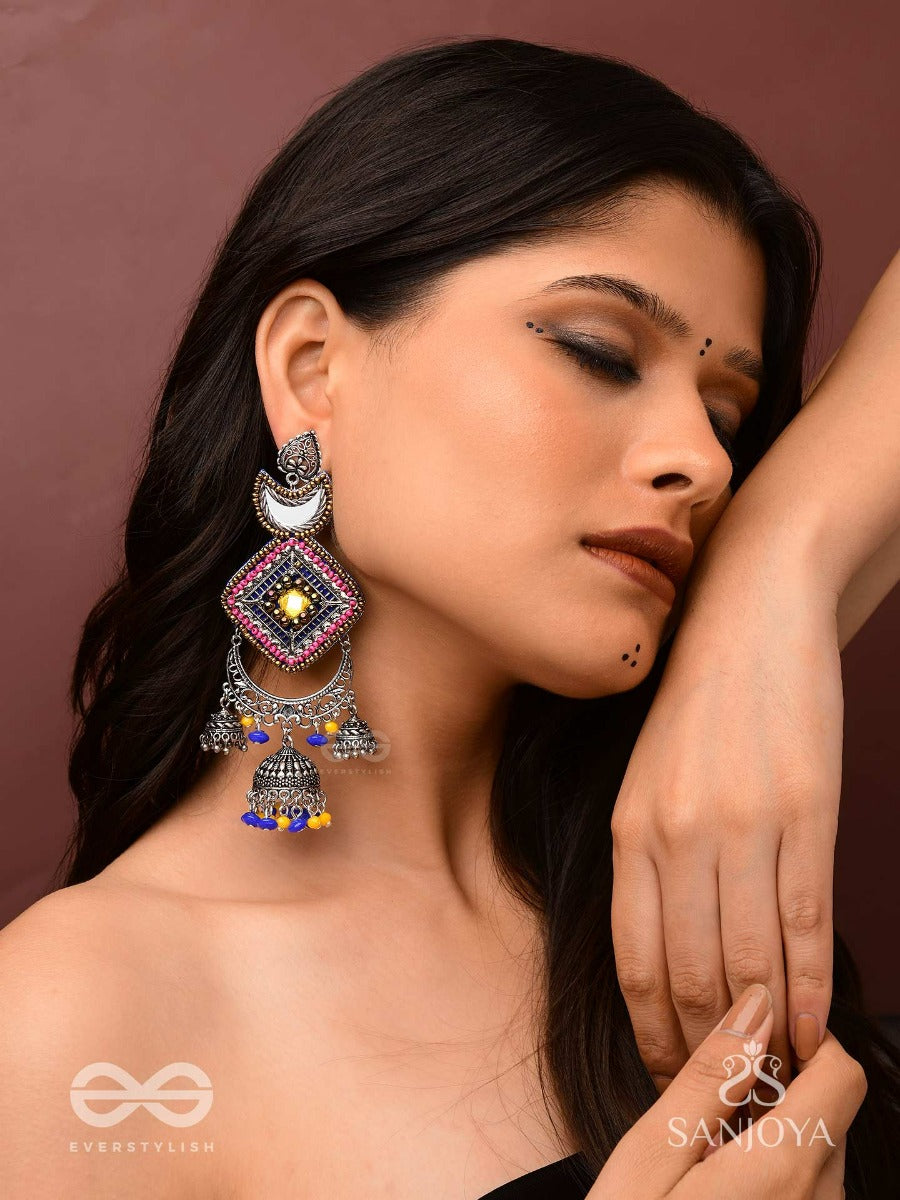 Chandrakanta-Moonstone Earrings-Statement Oxidised Jhumkas With Mirror, Beads And Thread Work