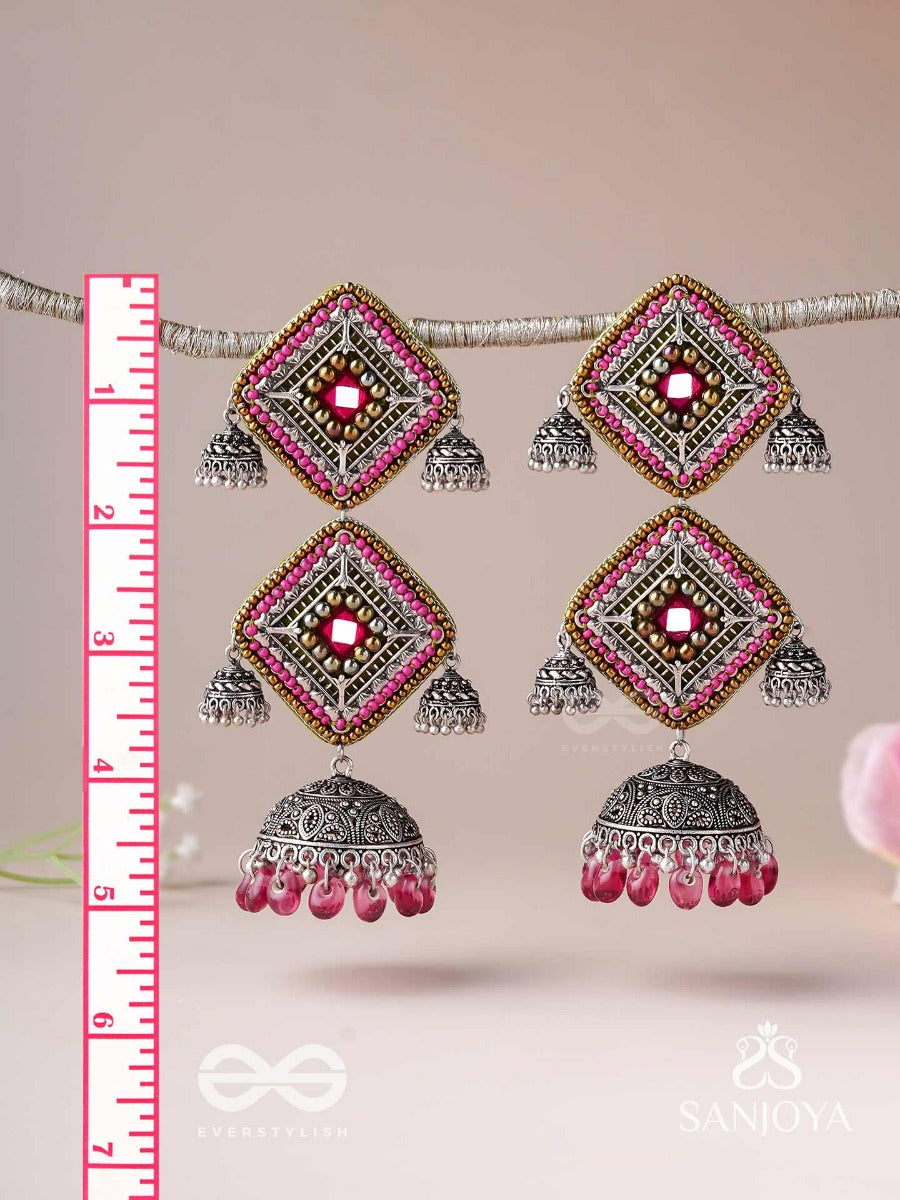 Vishruta-Celebrated Elegance-Statement Oxidised Jhumkas With Mirror, Beads And Thread Work