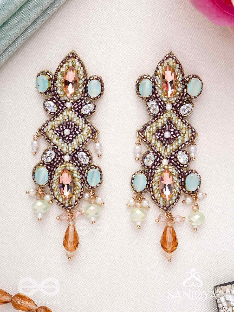 Shringarakundala-Ornamental Earrings-Turquoise And Tangerine Stones, Embellished With Beads And Pearls.