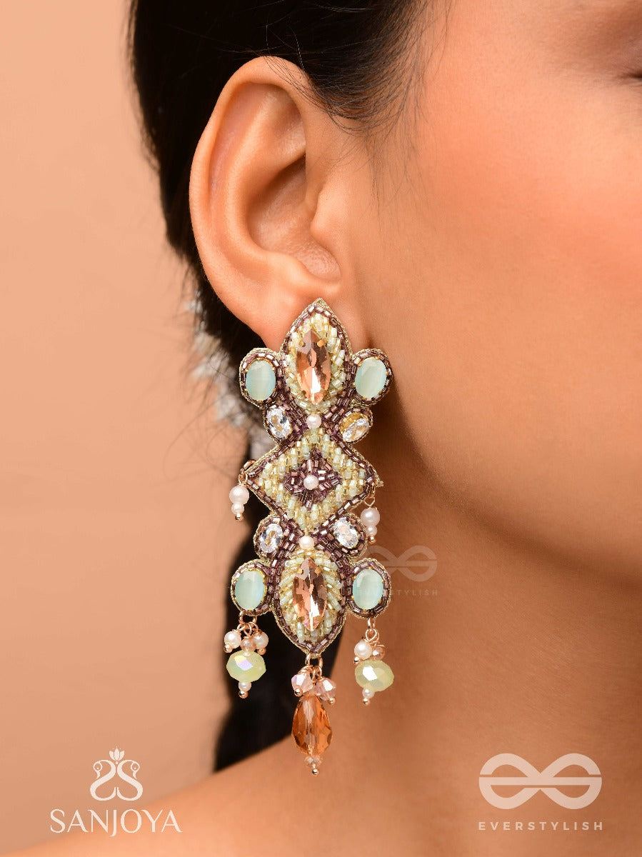 Shringarakundala-Ornamental Earrings-Turquoise And Tangerine Stones, Embellished With Beads And Pearls.