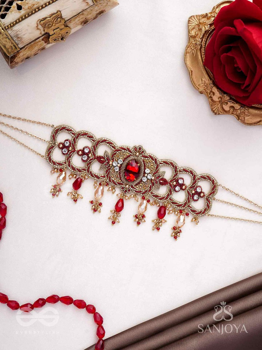 Ratnavati Hara- Adorned With Gemstones- Embroidered Gemstone Neckpiece With Beads & Thread Work