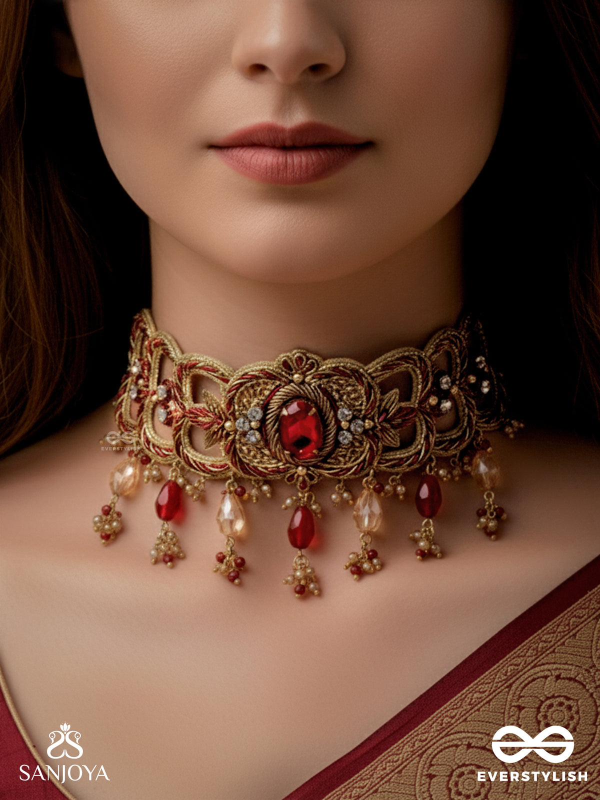 Ratnavati Hara- Adorned With Gemstones- Embroidered Gemstone Neckpiece With Beads & Thread Work