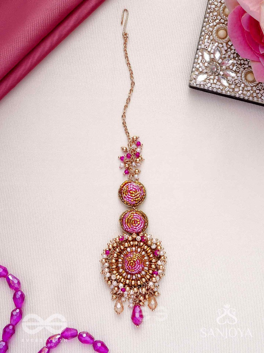 Rakta-Kumudini-Pink Lotus Blossom Hair Accessory-Maangtika Featuring Elegant Circular Designs With Beads & Stones.