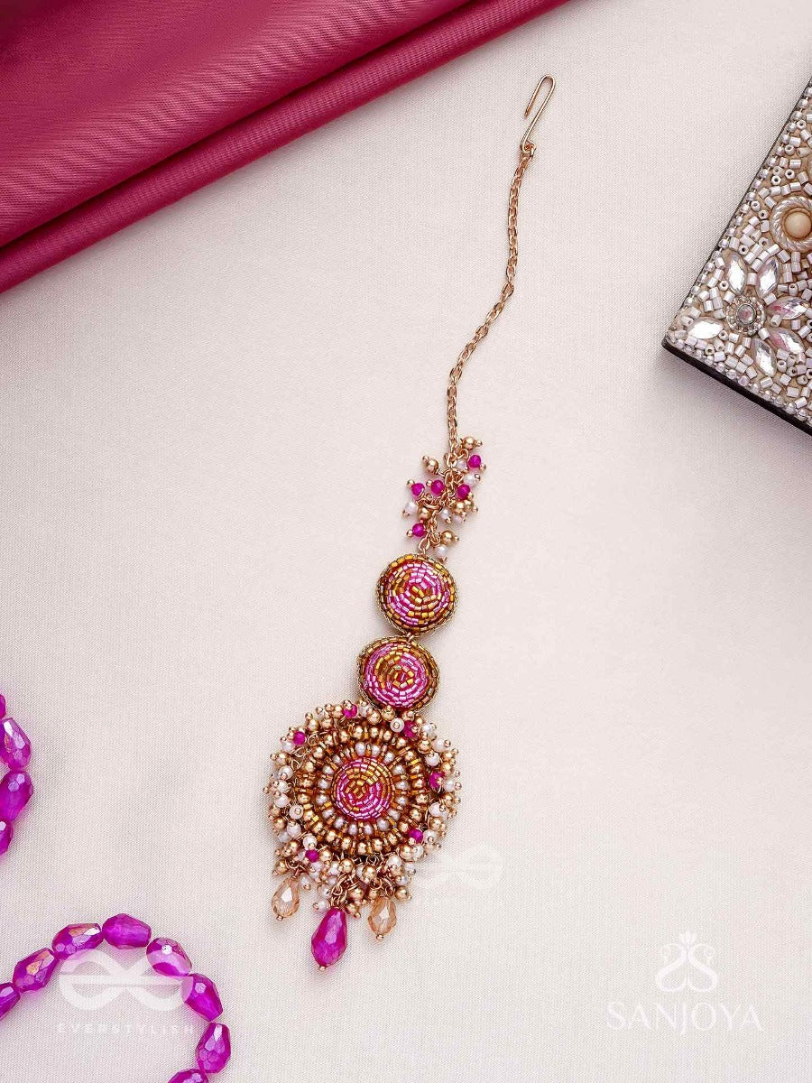 Rakta-Kumudini-Pink Lotus Blossom Hair Accessory-Maangtika Featuring Elegant Circular Designs With Beads & Stones.