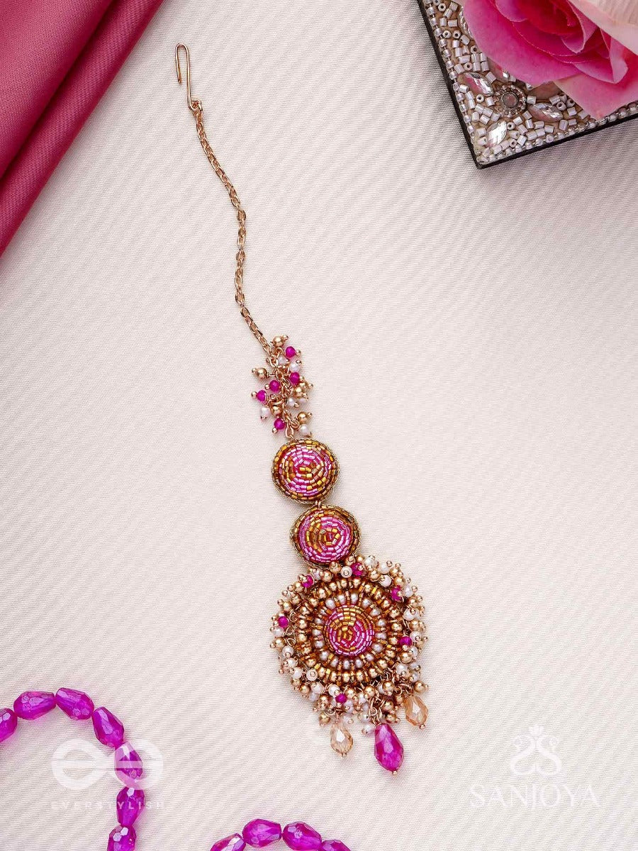 Rakta-Kumudini-Pink Lotus Blossom Hair Accessory-Maangtika Featuring Elegant Circular Designs With Beads & Stones.