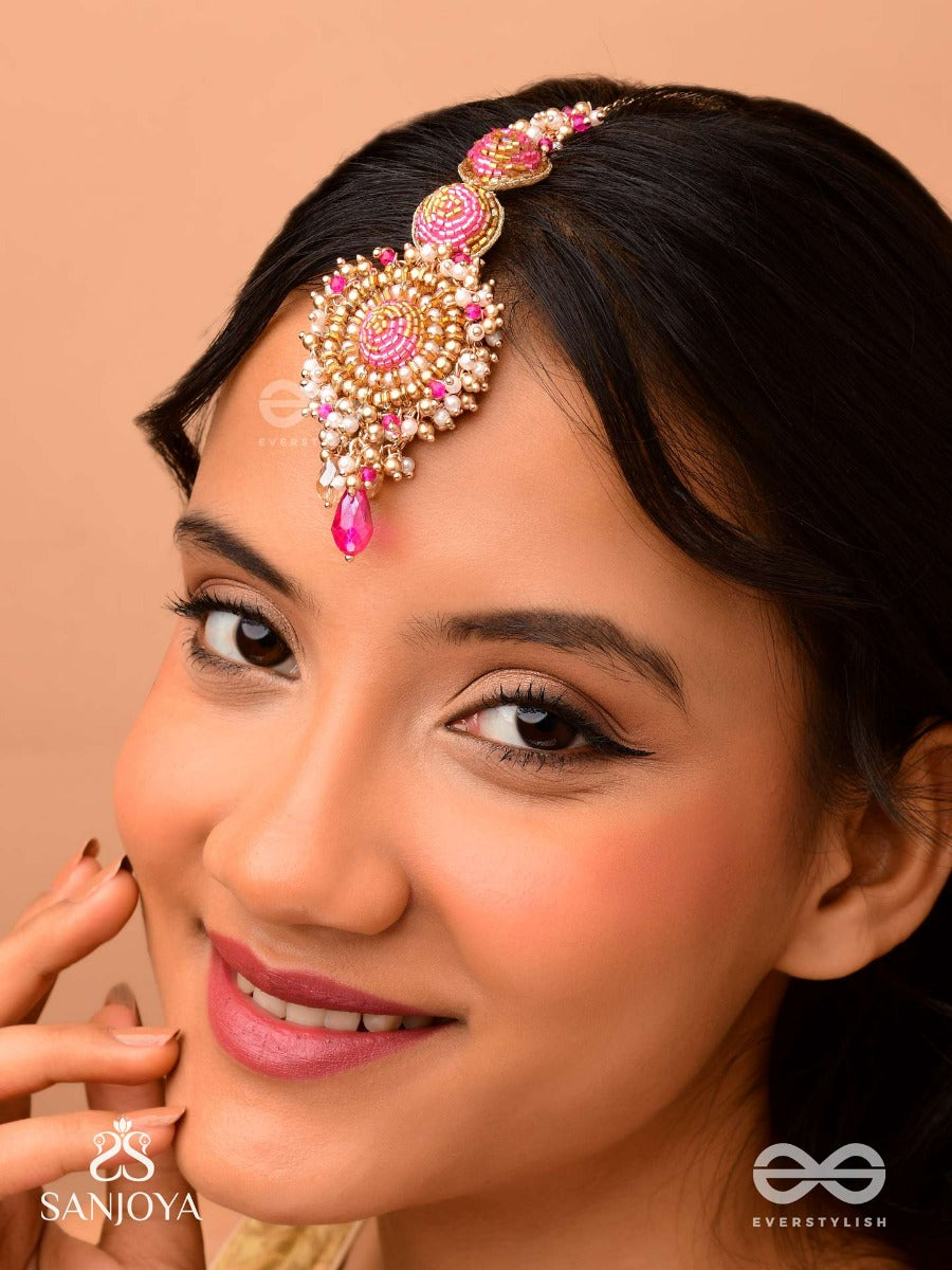 Rakta-Kumudini-Pink Lotus Blossom Hair Accessory-Maangtika Featuring Elegant Circular Designs With Beads & Stones.