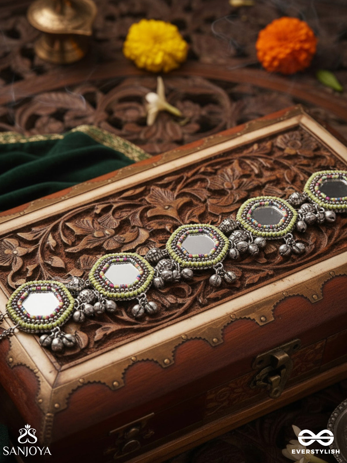 Chayamala-Reflective Choker- Oxidized Choker Featuring Intricate Beadwork, Mirrors, Ghungroo (Small Bells), And Thread Details