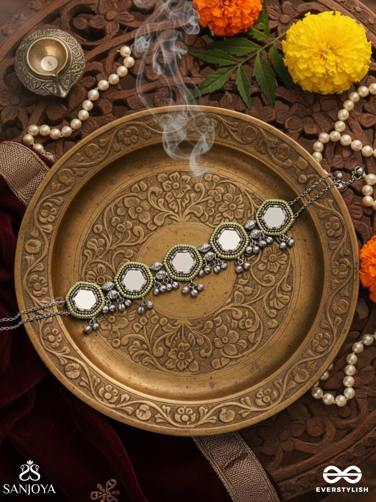 Chayamala-Reflective Choker- Oxidized Choker Featuring Intricate Beadwork, Mirrors, Ghungroo (Small Bells), And Thread Details