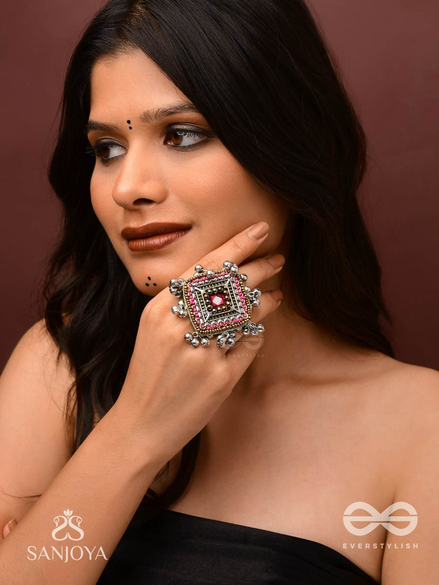 Chaturmukhi-Four-Faced- Oxidized Embroidered Ring Features Ghunghroo, Beads & Mirror.