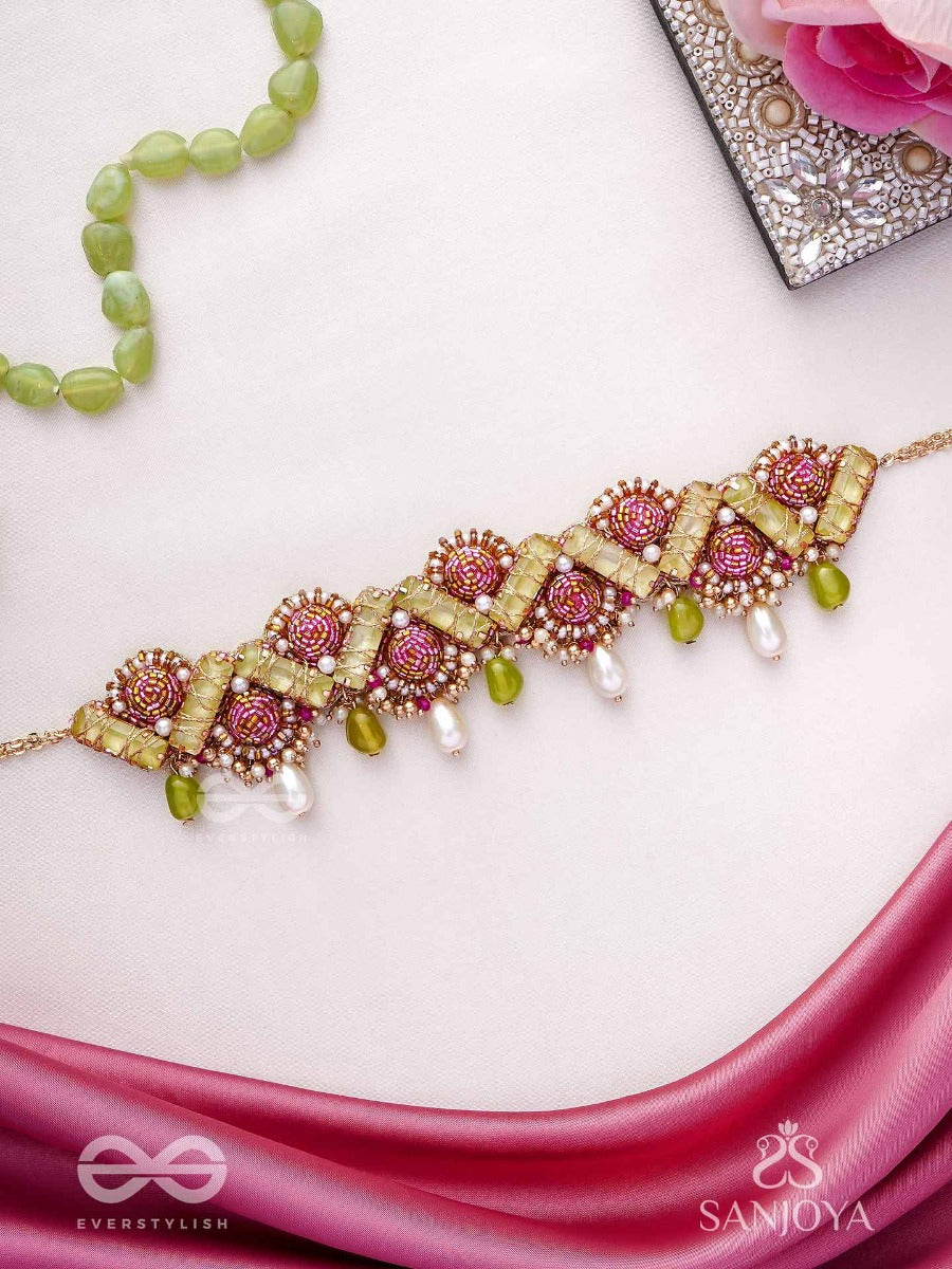 Manimekhala-Bejewelled Girdle-Choker Adorned With Pink And Gold Gemstones, Beads And Delicate Pearl Drops.