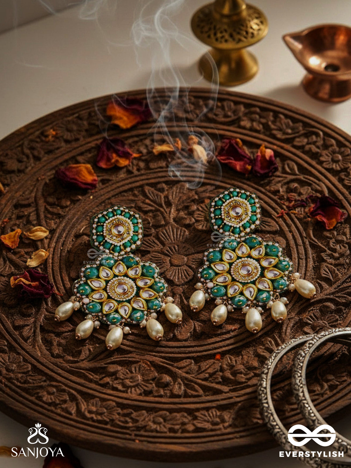 Vaidurya-Emerald Blossom- Firozi-Colored Glass Stones Earrings Paired With Golden And White Accents, Beads, And Danglers