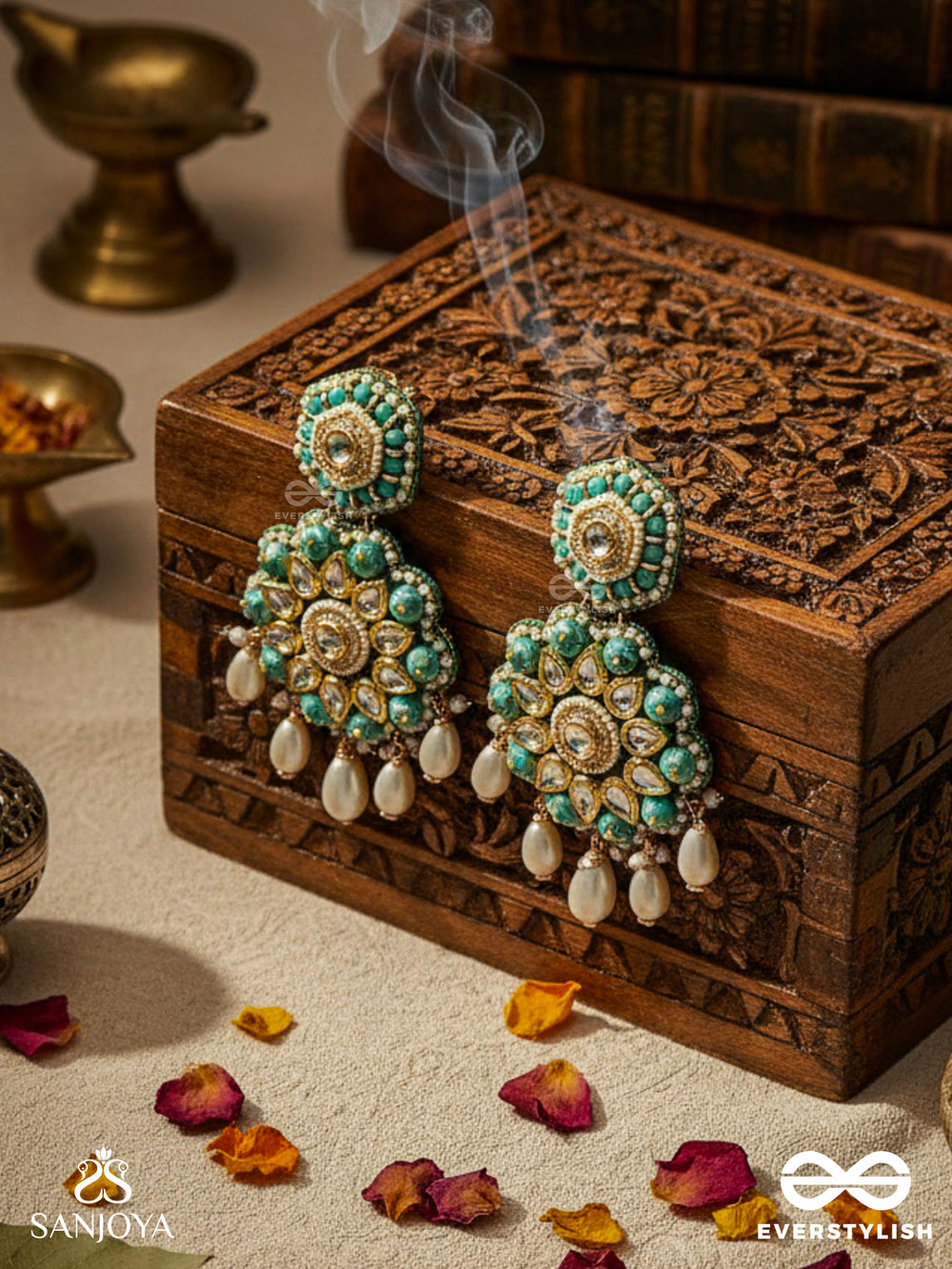 Vaidurya-Emerald Blossom- Firozi-Colored Glass Stones Earrings Paired With Golden And White Accents, Beads, And Danglers
