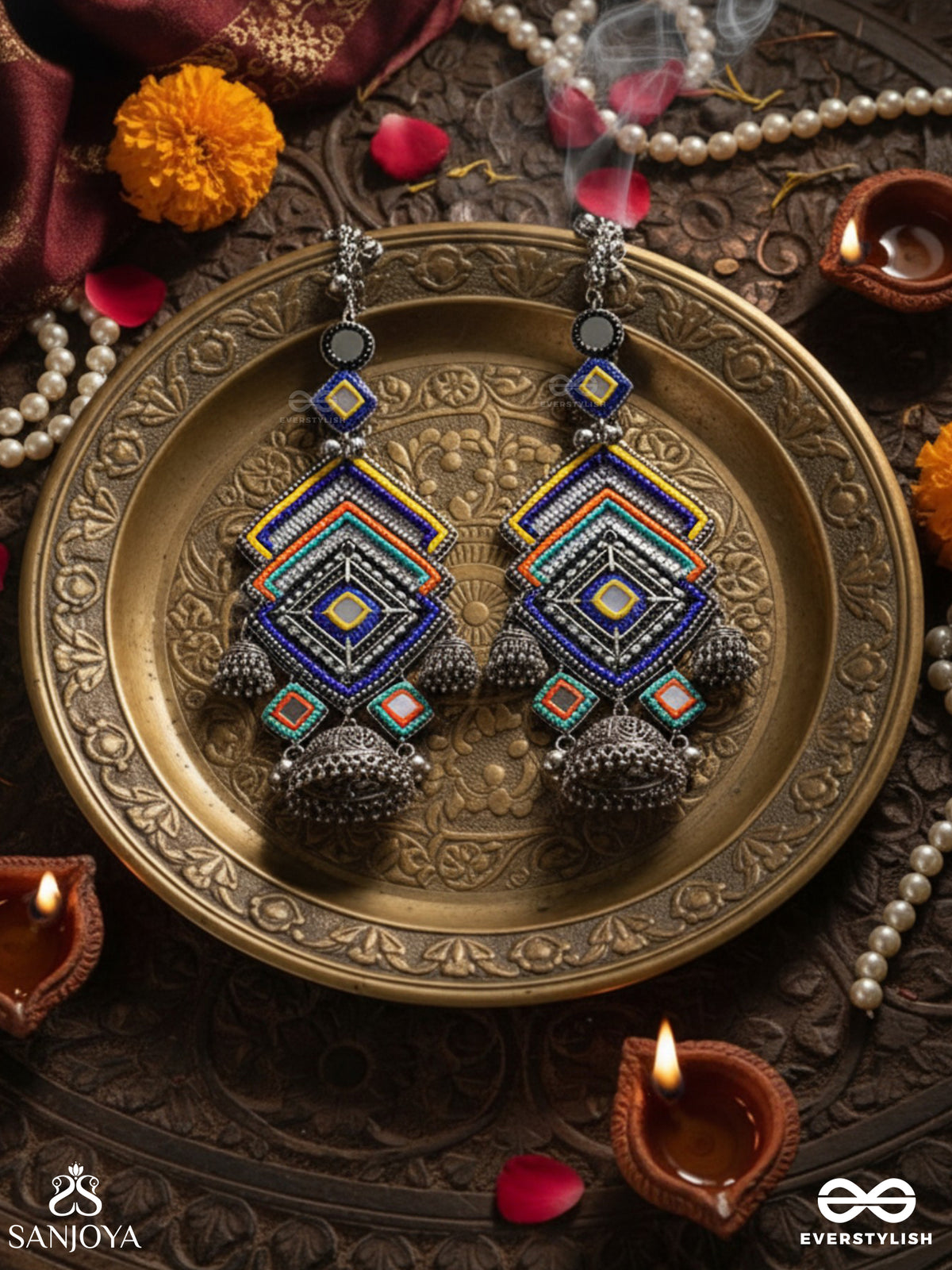 Pratibimba-Reflective Jhumka-Brick Stitch Pattern Earrings With Geometric Mirror Inlays, Thread Work And Jhumkas.