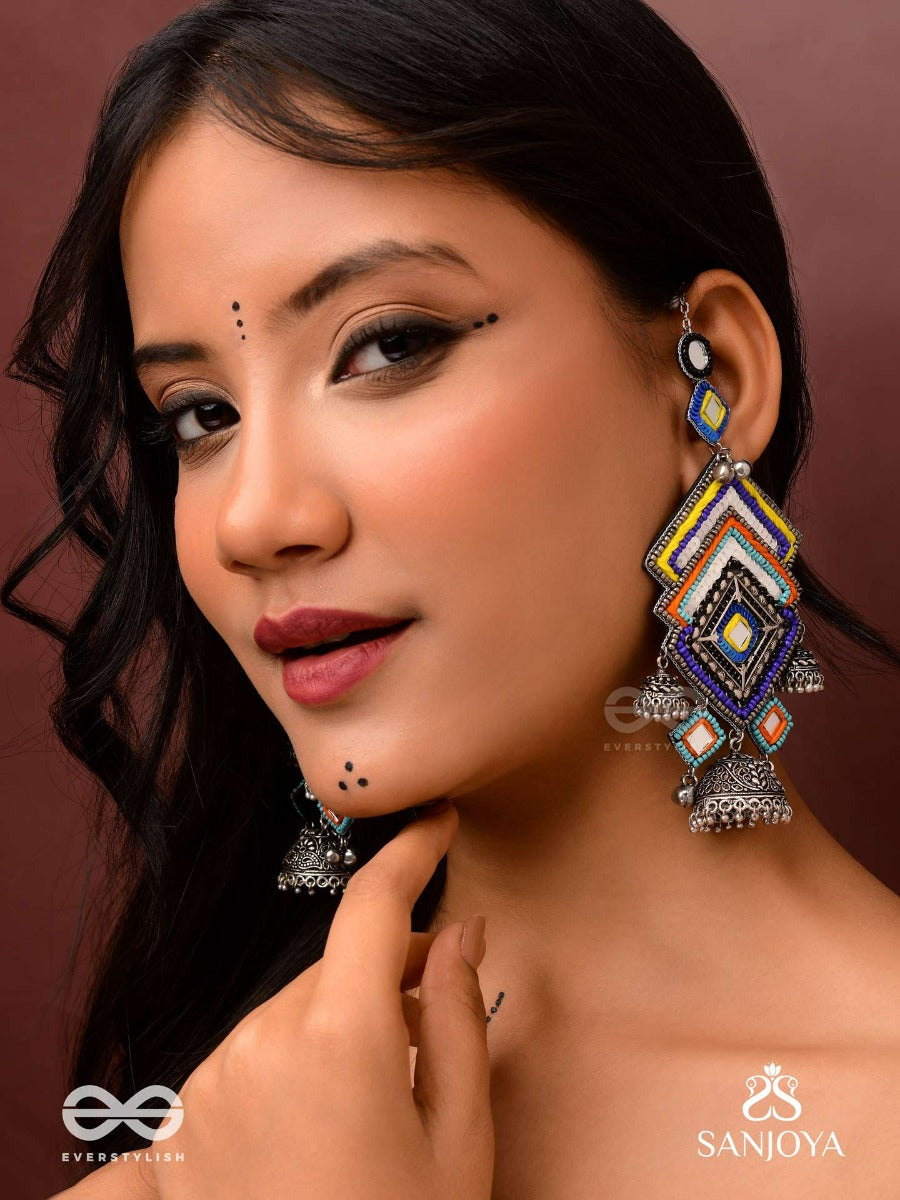 Pratibimba-Reflective Jhumka-Brick Stitch Pattern Earrings With Geometric Mirror Inlays, Thread Work And Jhumkas.
