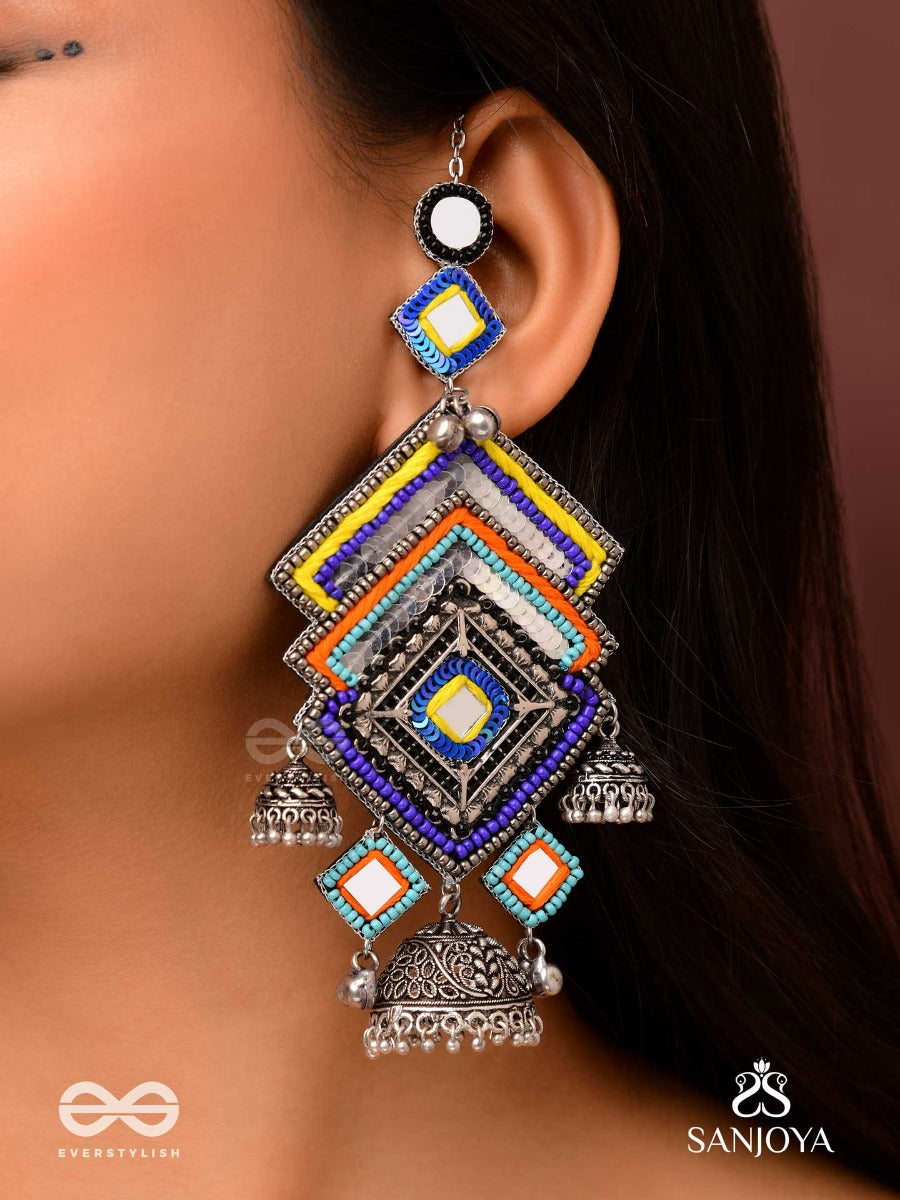Pratibimba-Reflective Jhumka-Brick Stitch Pattern Earrings With Geometric Mirror Inlays, Thread Work And Jhumkas.