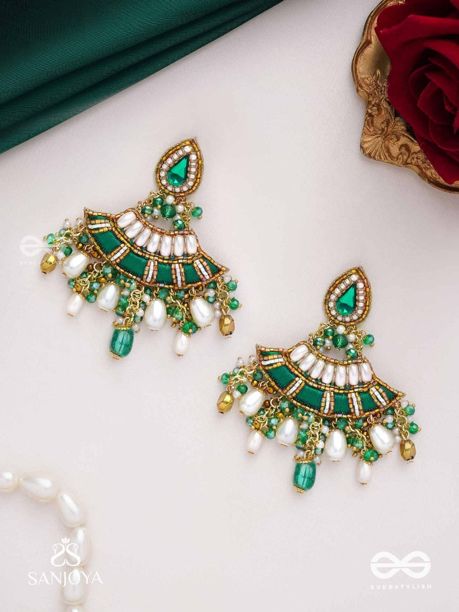 Chandravata- Crescent Branch Earrings- Embroidered Earrings With Stones, Beads, Pearls And Resham Work