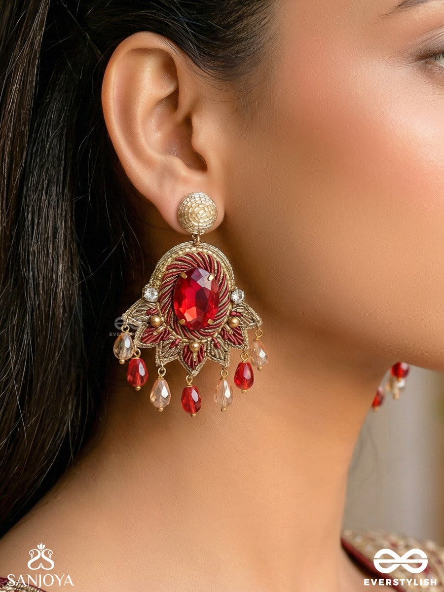Raktavarna-Red Hue Hand-Embroidered Earrings In Red And Gold Tones, Featuring Stones, Glass Beads, And Intricate Resham Thread Work