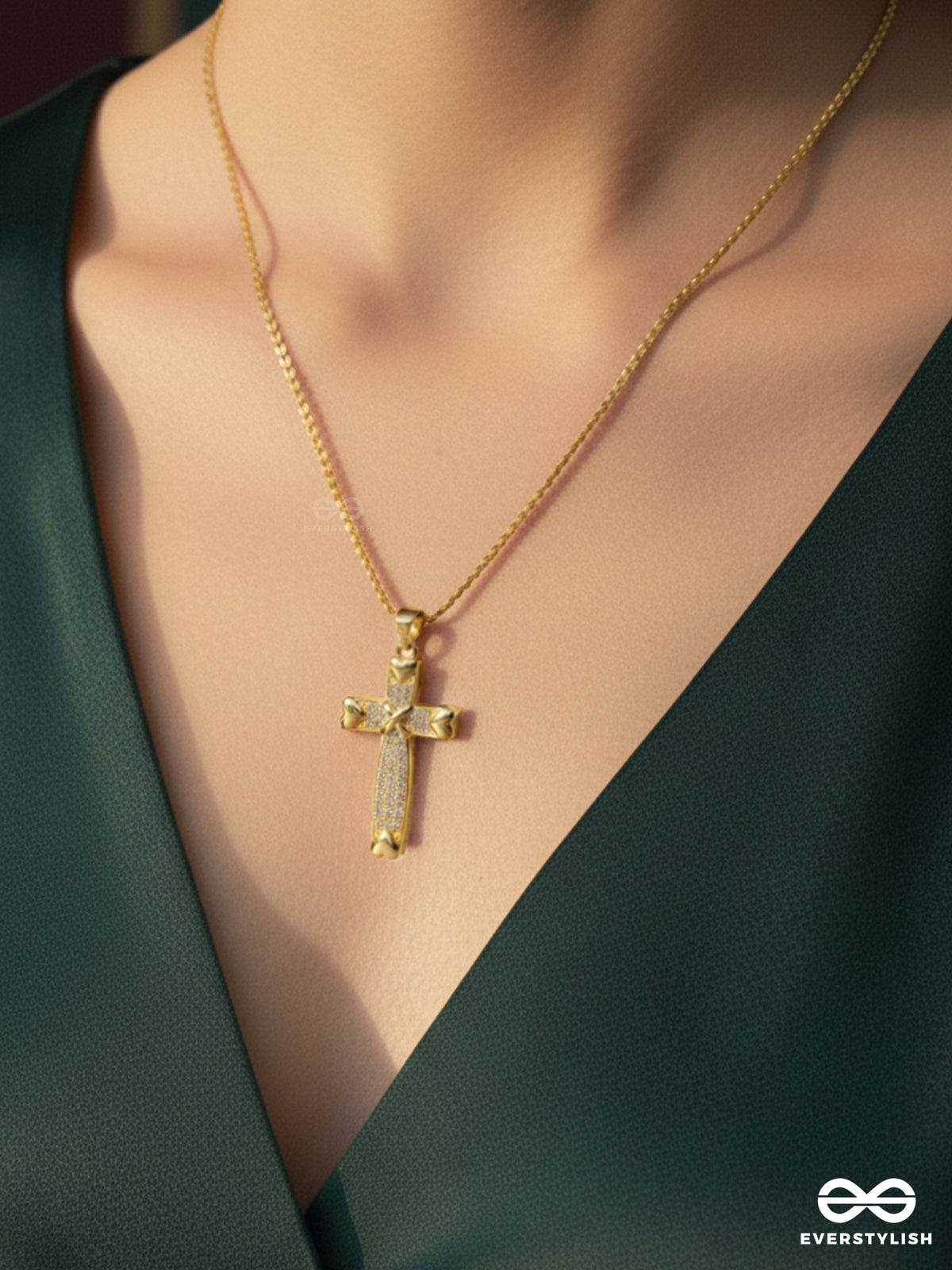Holy Cross - 18K Gold Plated Anti-Tarnish Statement Christ's Cross Necklace Inlaid With Cubic Zicronia Stones