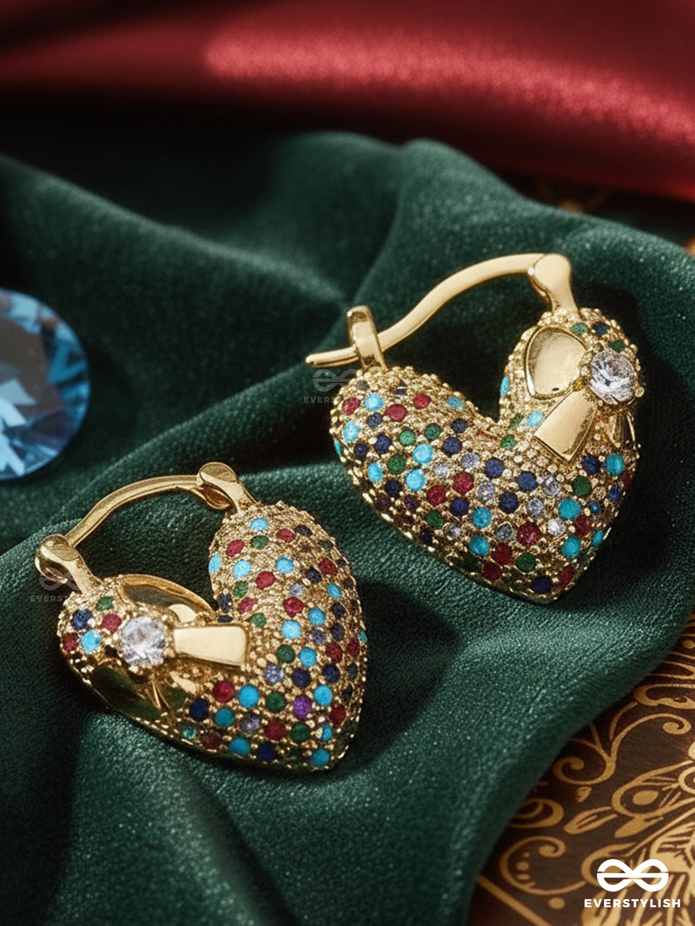 Twilight Amour - Heart Shaped Shiny 18K Gold Plated Anti-Tarnish Statement Earrings With Cubic Zicronia Stones