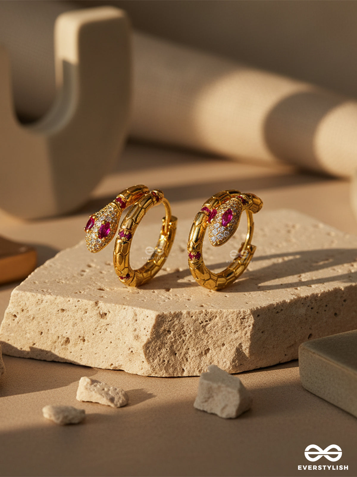 Crimson Serpent - 18K Gold Plated Anti-Tarnish Statement Golden Snake Shaped Earrings Inlaid With Cubic Zicronia Stones