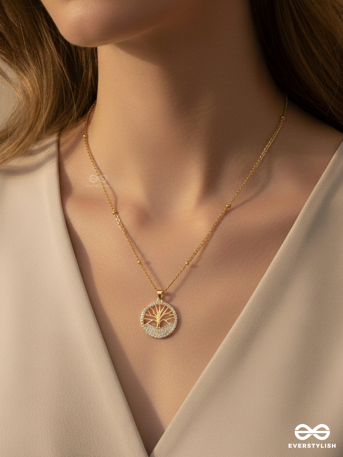 Tree Of Wisdom - 18K Gold Plated Anti-Tarnish Neckpiece Inlaid With Cubic Zicronia Stones