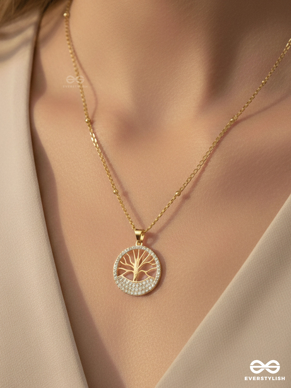 Tree Of Wisdom - 18K Gold Plated Anti-Tarnish Neckpiece Inlaid With Cubic Zicronia Stones