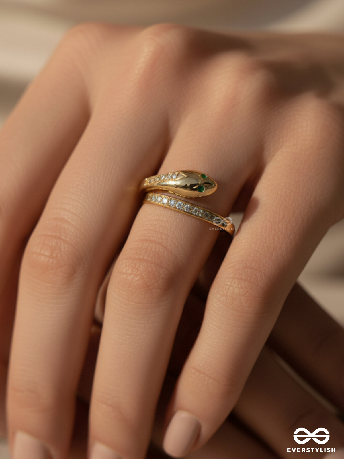 Serpentine Grace - 18K Gold Plated Anti-Tarnish Snake Shaped Ring Inlaid With Cubic Zicronia Stones