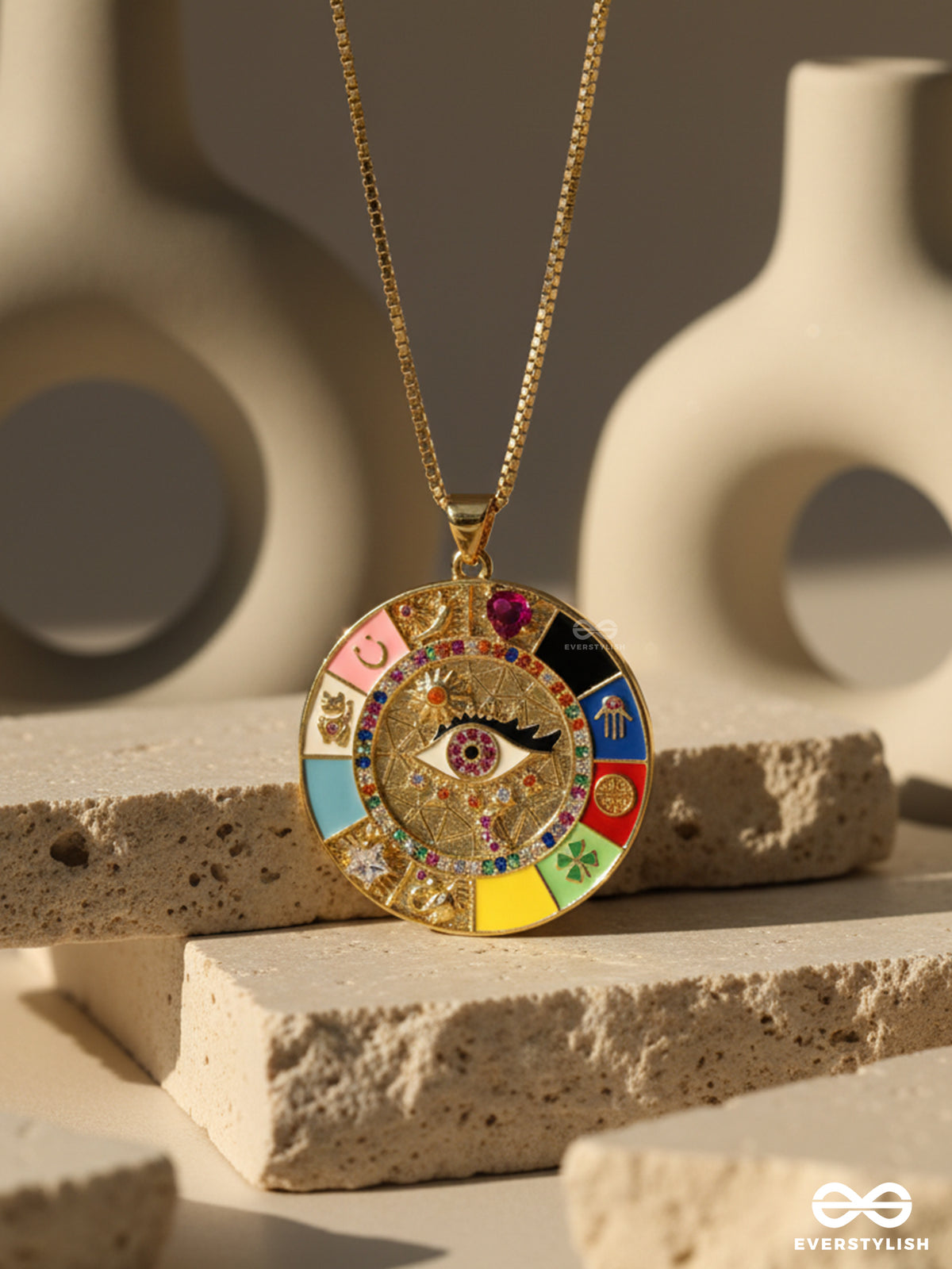 Eye- Catching Medallion - 18K Gold Plated Anti-Tarnish Colorful Eye Centrepiece Luxury Necklace