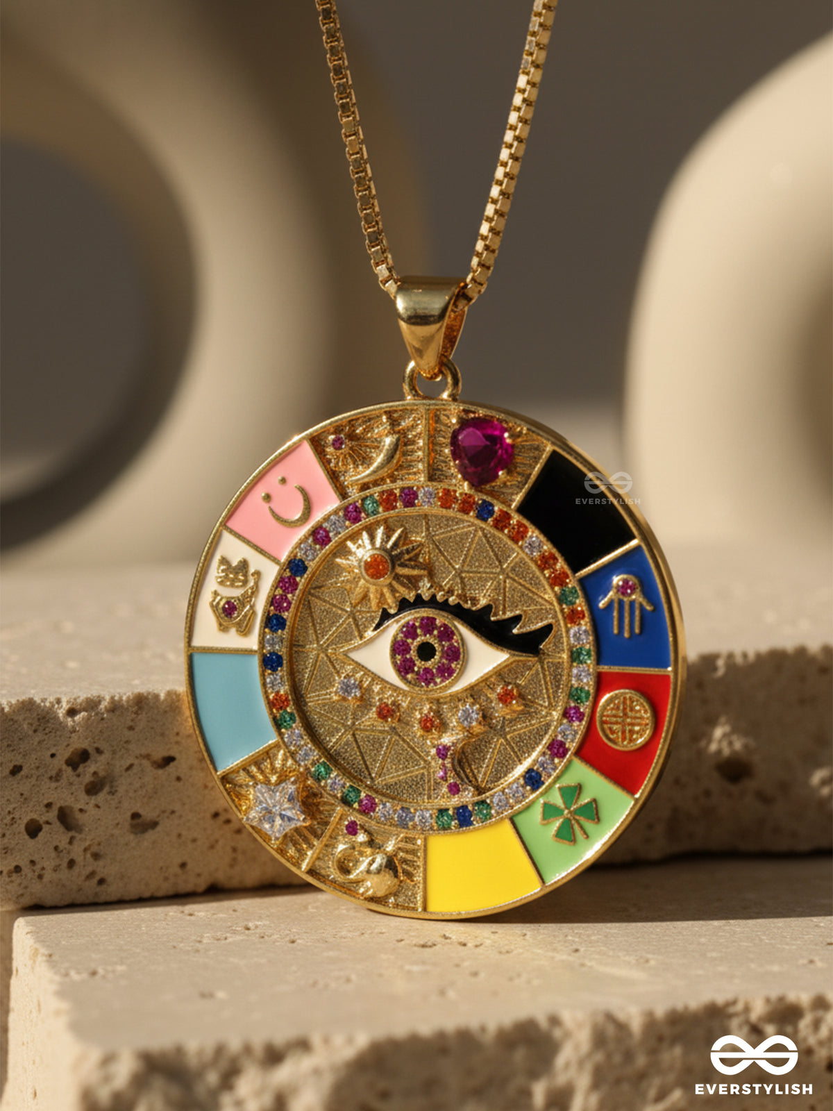 Eye- Catching Medallion - 18K Gold Plated Anti-Tarnish Colorful Eye Centrepiece Luxury Necklace