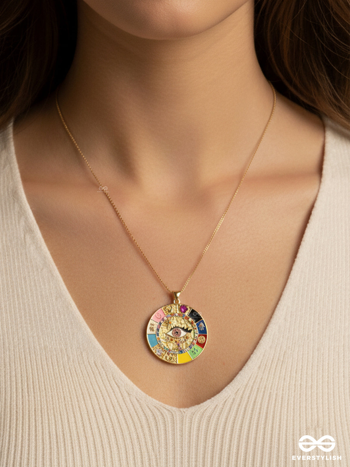 Eye- Catching Medallion - 18K Gold Plated Anti-Tarnish Colorful Eye Centrepiece Luxury Necklace