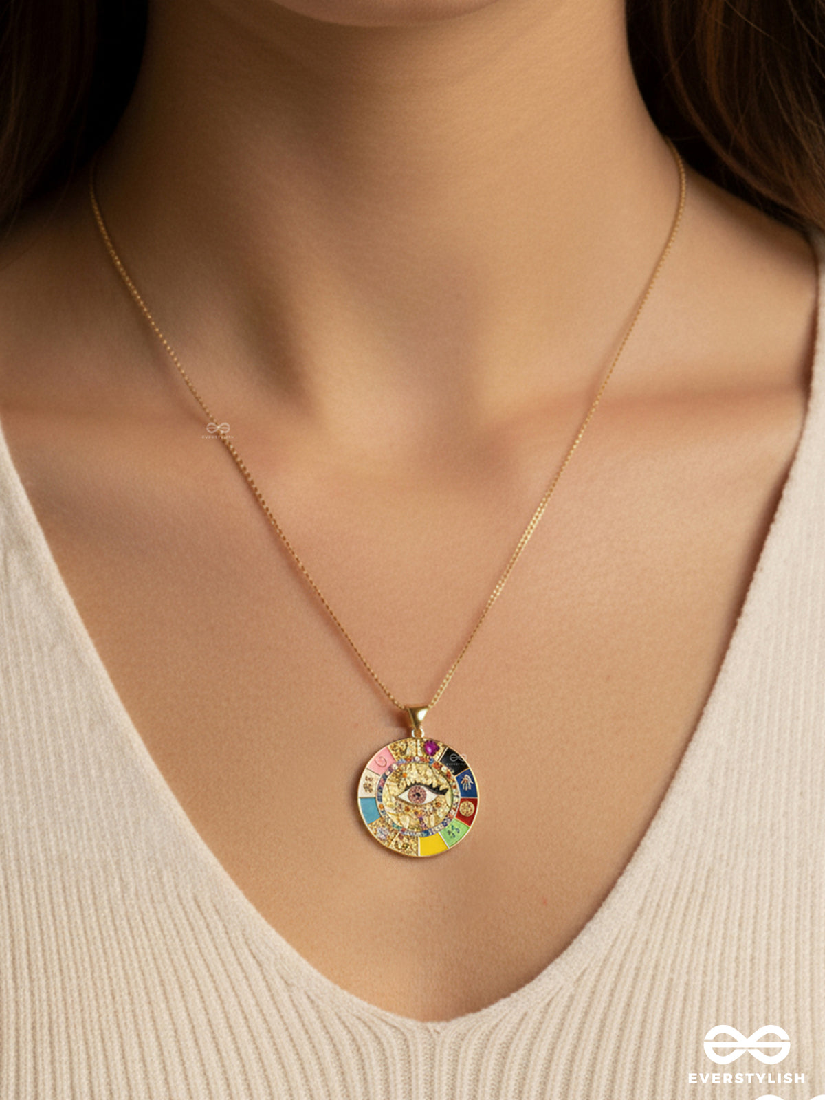 Eye- Catching Medallion - 18K Gold Plated Anti-Tarnish Colorful Eye Centrepiece Luxury Necklace