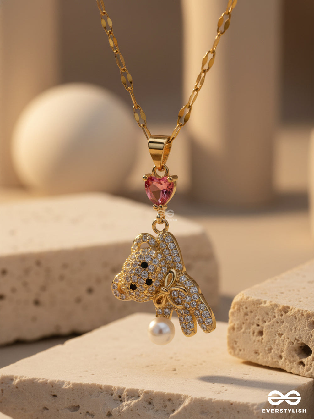 Couture Teddy- 18K Gold Plated Anti-Tarnish Teddy Bear Shaped Pendant Necklace With Cubic Zicronia Stones