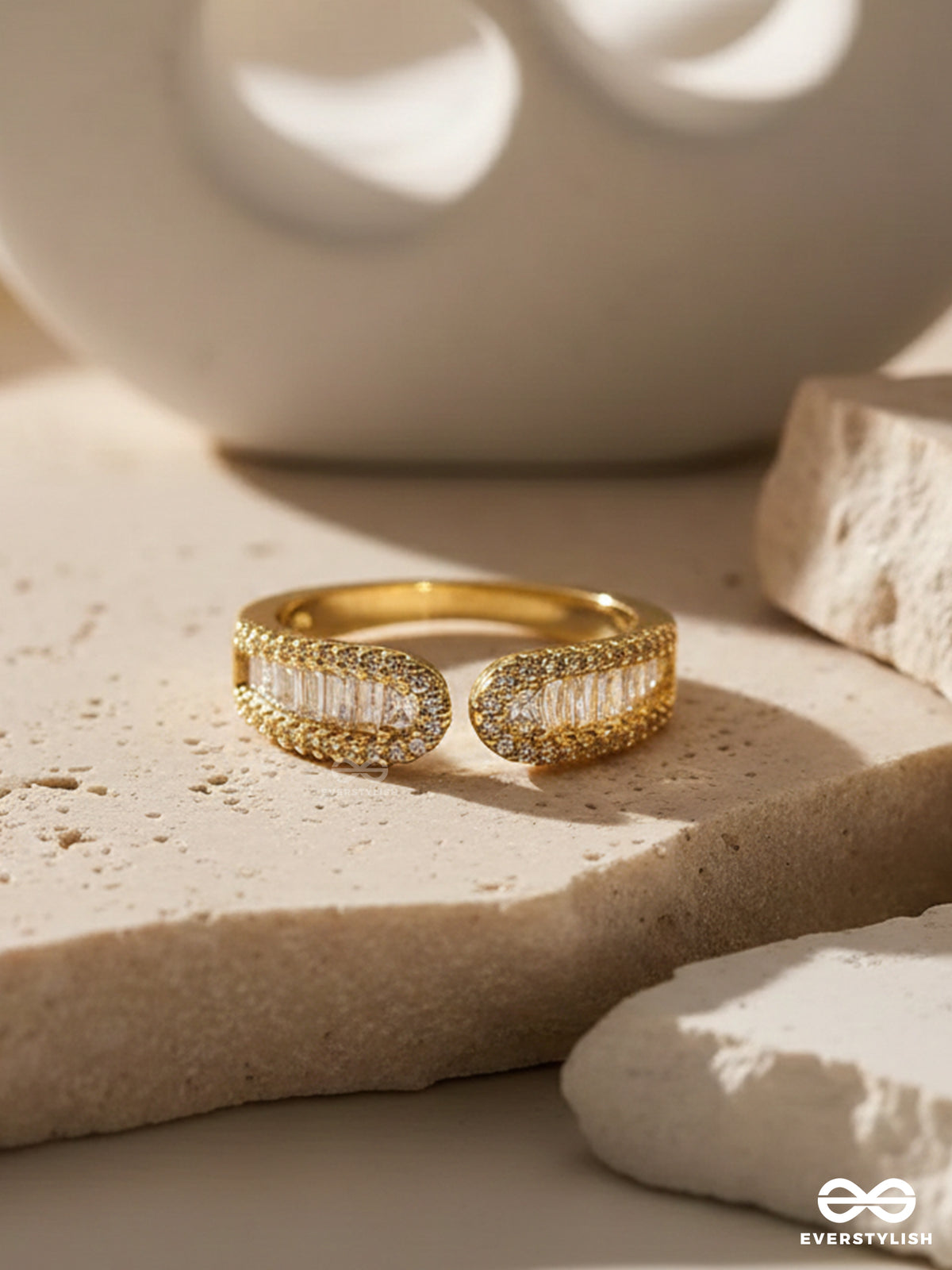 Crystal Twirl- 18K Gold Plated Anti-Tarnish Textured Ring With Cubic Zirconia Stones