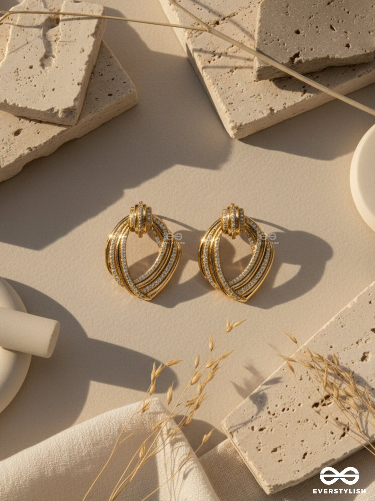 Golden Swirls - 18K Gold Plated Anti-Tarnish Textured Luxury Golden Earrings Inlaid With Cubic Zicronia Stones