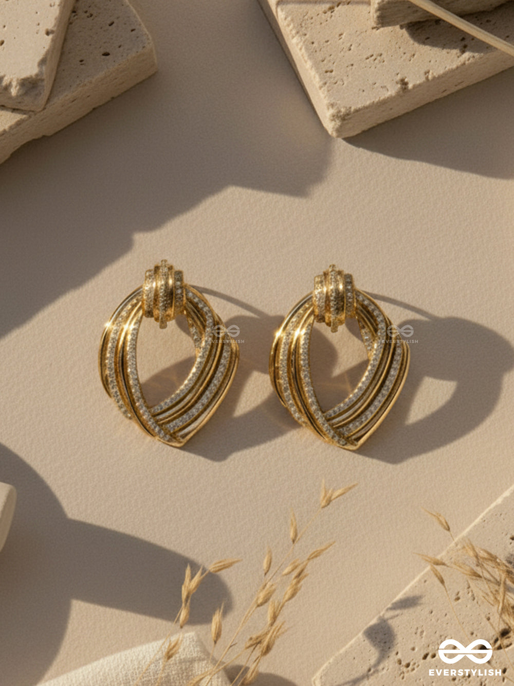 Golden Swirls - 18K Gold Plated Anti-Tarnish Textured Luxury Golden Earrings Inlaid With Cubic Zicronia Stones