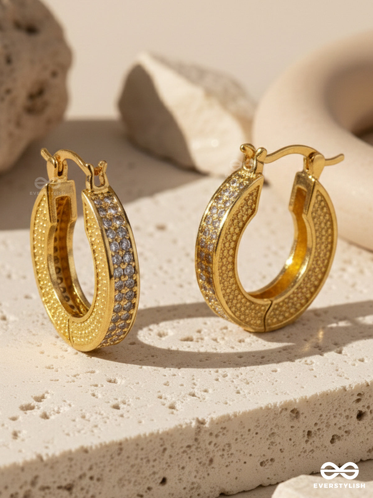 Gold Allure - Textured 18K Gold Plated Anti-Tarnish Earrings Inlaid With Cubic Zicronia Stones