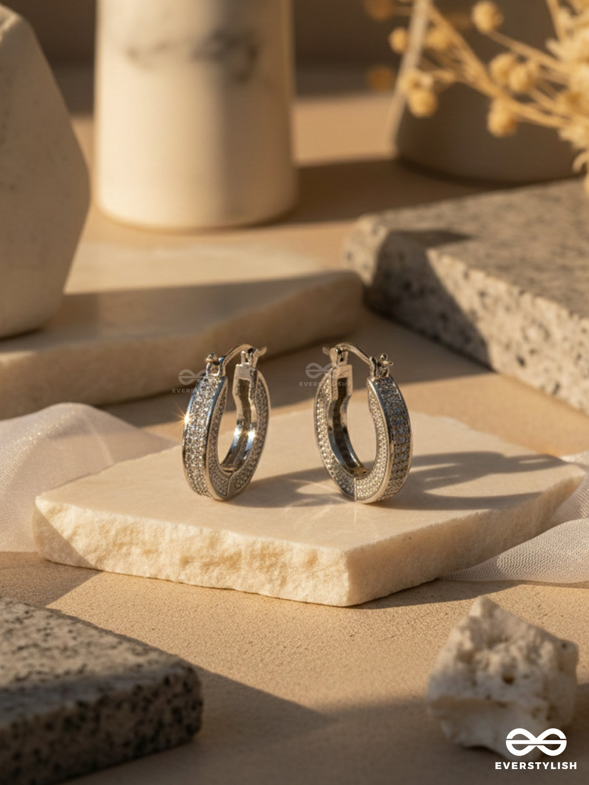 Silver Allure - Textured Silver Plated Anti-Tarnish Earrings Inlaid With Cubic Zicronia Stones