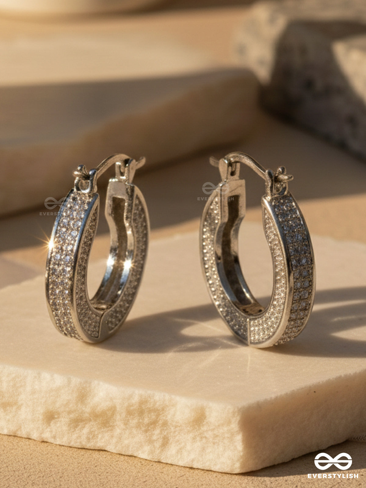 Silver Allure - Textured Silver Plated Anti-Tarnish Earrings Inlaid With Cubic Zicronia Stones