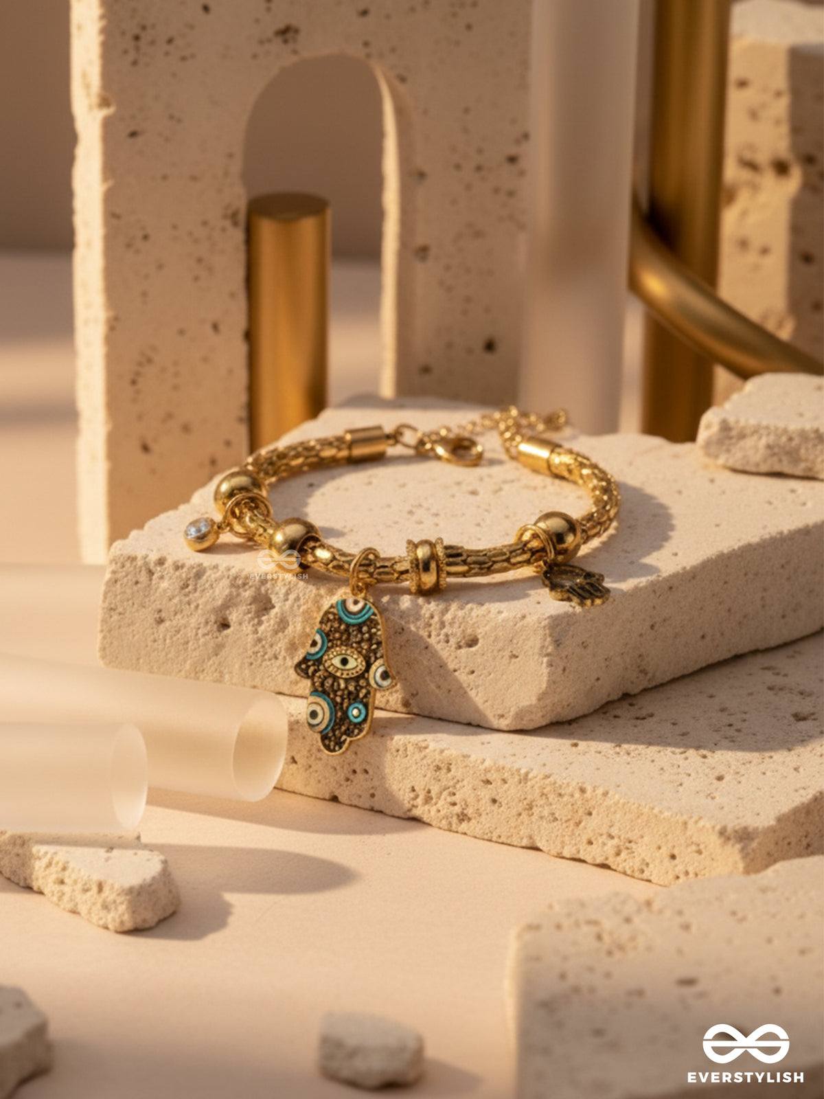 Evil Eye Hand - 18K Gold Plated Anti-Tarnish Statement Textured Luxury Charm Bracelet