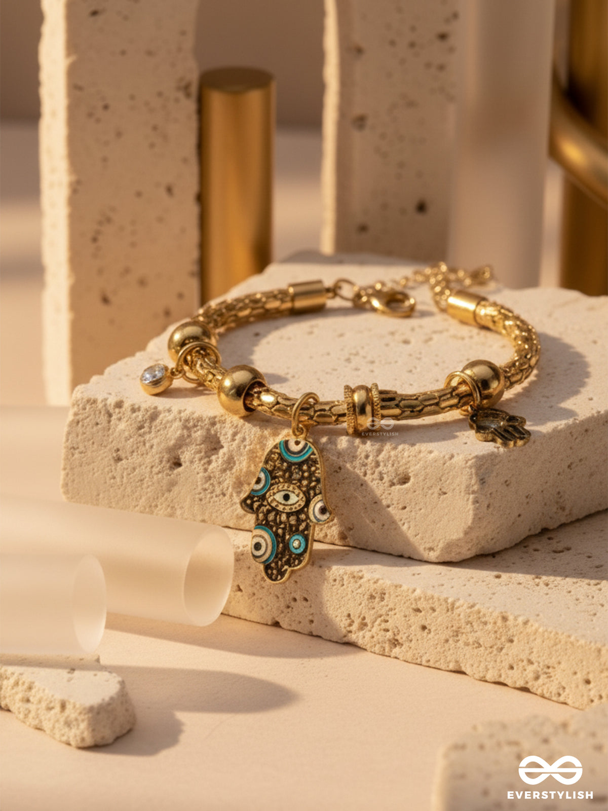 Evil Eye Hand - 18K Gold Plated Anti-Tarnish Statement Textured Luxury Charm Bracelet