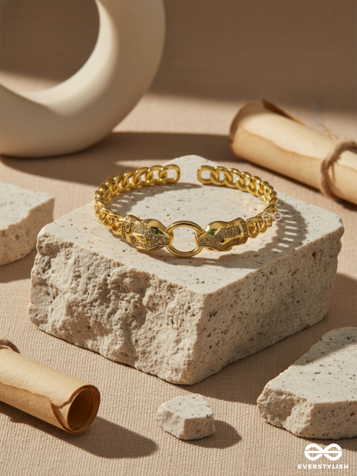 Twin Flame - 18K Gold Plated Anti-Tarnish Textured Bracelet Inlaid With Cubic Zicronia Stones