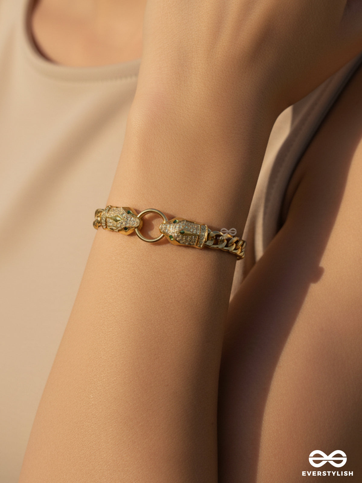 Twin Flame - 18K Gold Plated Anti-Tarnish Textured Bracelet Inlaid With Cubic Zicronia Stones