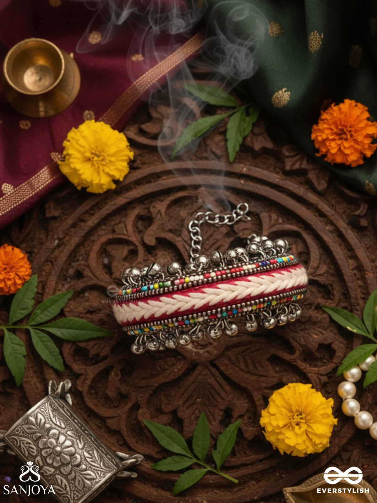 Shakhaabandha- Branch Bind- Oxidized Hand Embroidered Bracelet, Thread Work Accented With Ghungroo And Beads