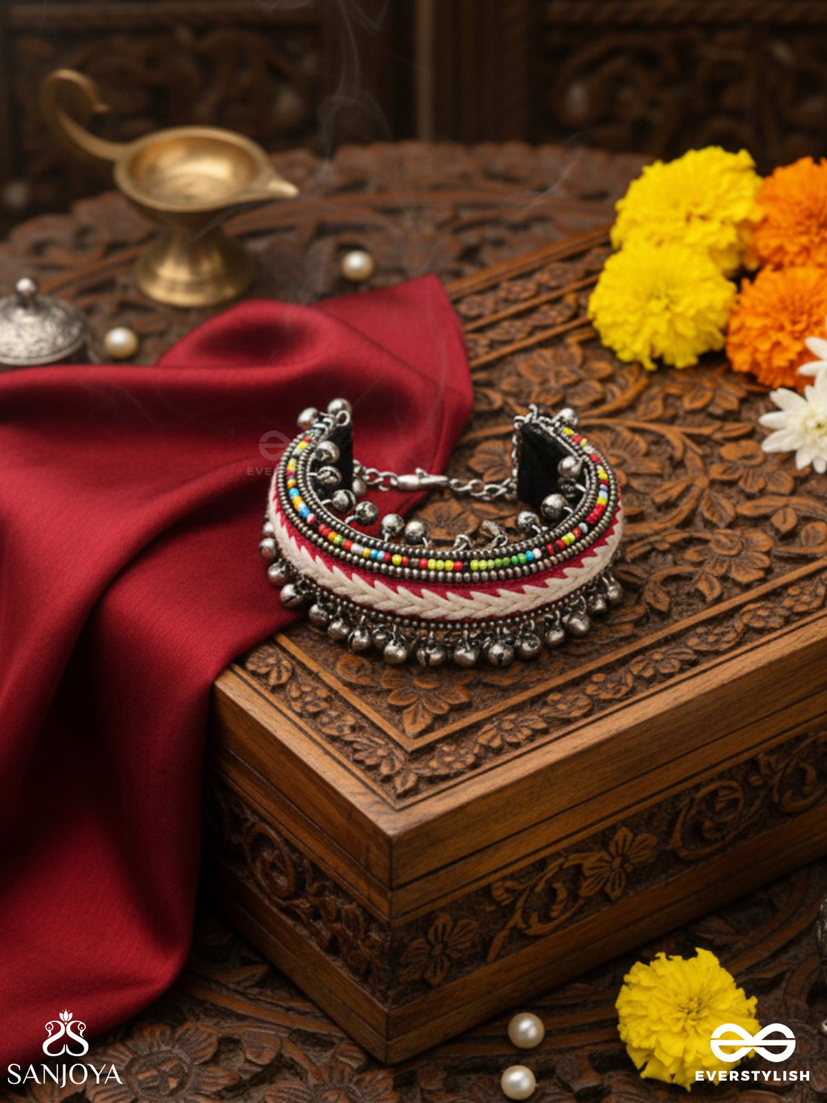 Shakhaabandha- Branch Bind- Oxidized Hand Embroidered Bracelet, Thread Work Accented With Ghungroo And Beads