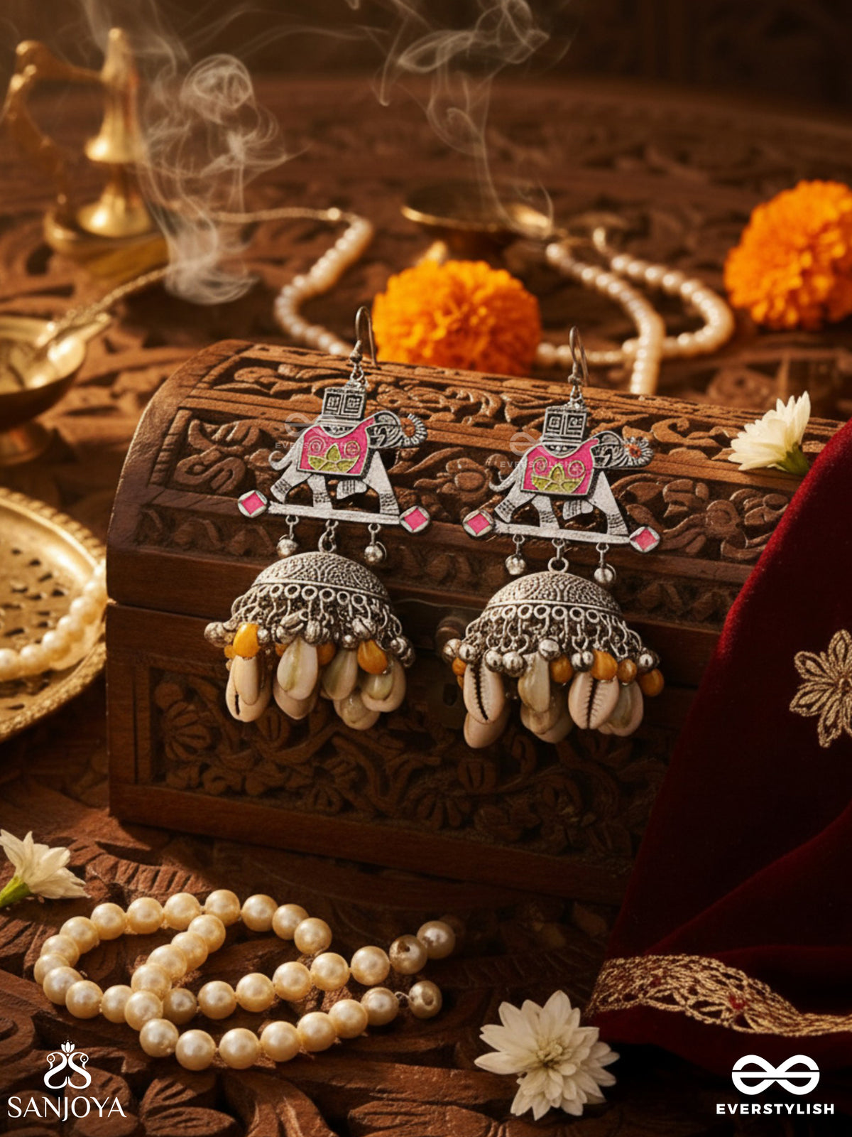 Gajasankha Karnika- Elephant-Shell Earrings- Oxidized Earrings Featuring An Elegant Motif, Delicate Ghunghroo's, And Cowrie Shells