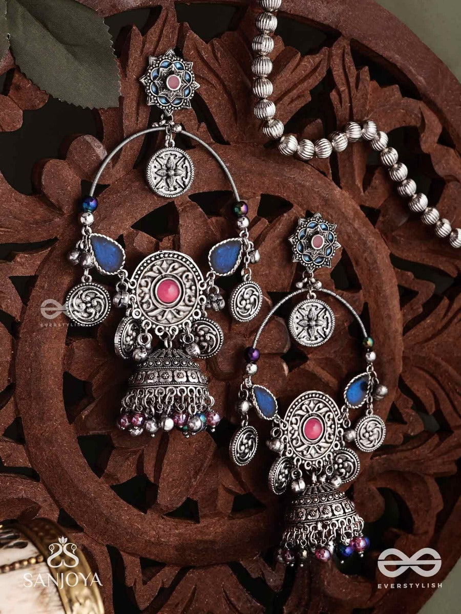 Shubhravilasa- Radiant Grace- Silver Toned Earrings, Circular Motifs Adorned With Ghungroos And Jhumka