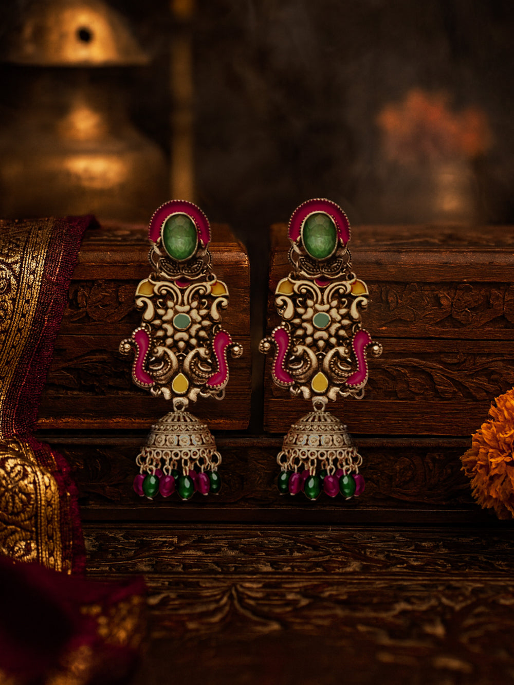 Nava-Sarasa-New Essence- Oxidized Earrings Featuring Pastel-Coloured Metalwork, Adorned With Vibrant Green And Red Beads