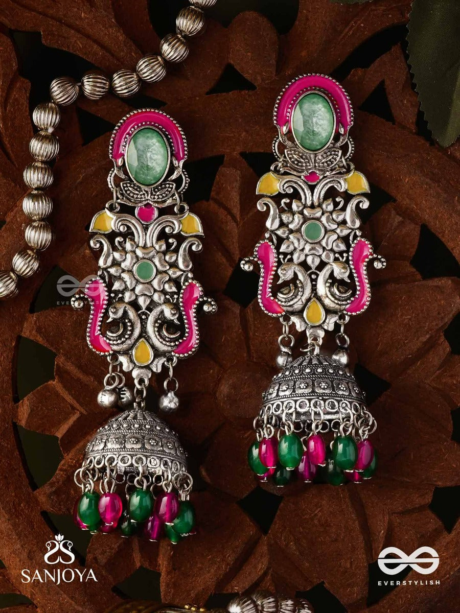 Nava-Sarasa-New Essence- Oxidized Earrings Featuring Pastel-Coloured Metalwork, Adorned With Vibrant Green And Red Beads