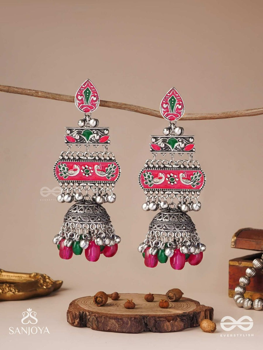 Vajrashringara-Diamond Adornment-Enamelled Oxidised Motifs Set On Silver Metalwork, Embellished With Glossy Beads And Jhumkas
