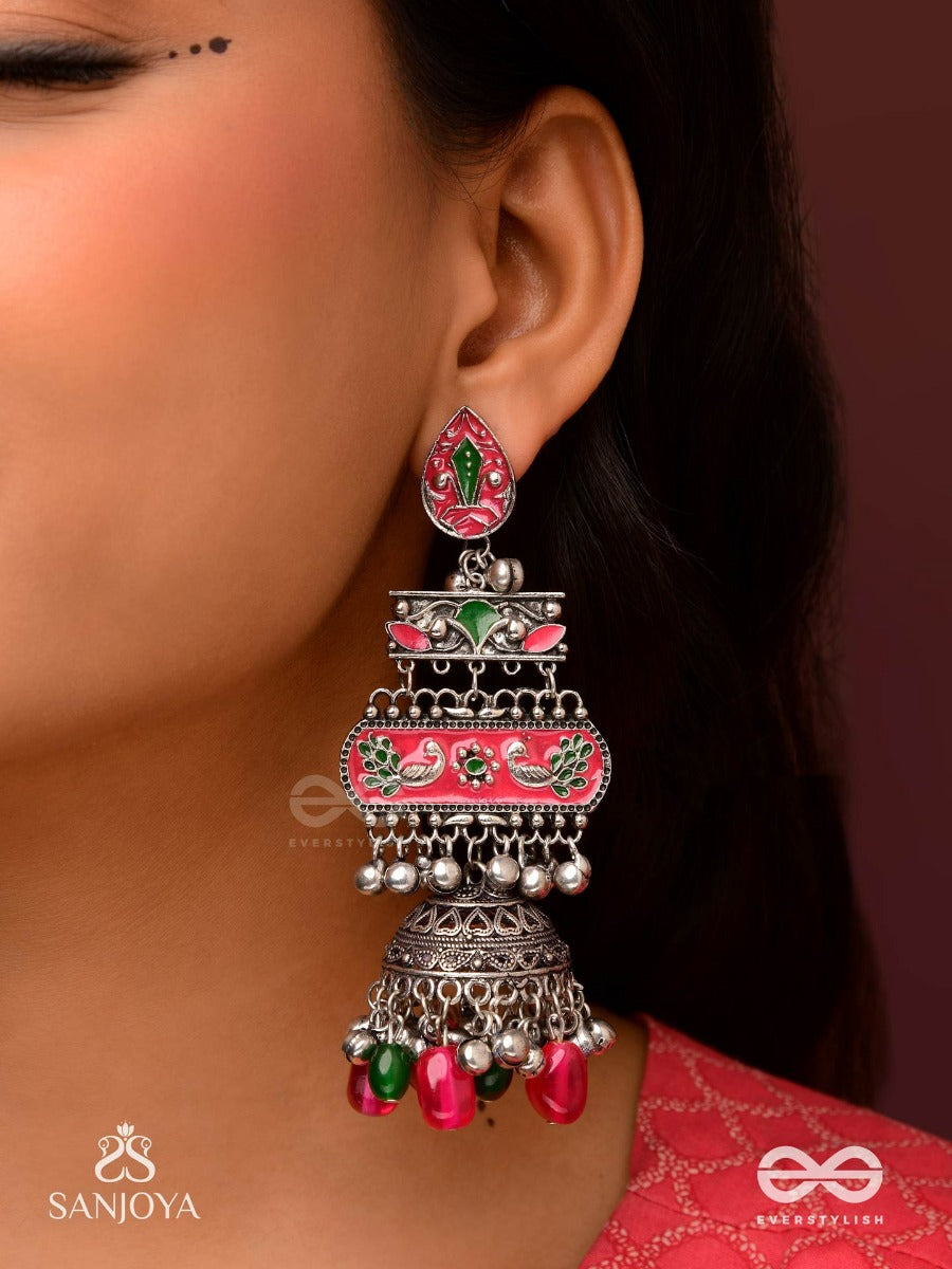 Vajrashringara-Diamond Adornment-Enamelled Oxidised Motifs Set On Silver Metalwork, Embellished With Glossy Beads And Jhumkas